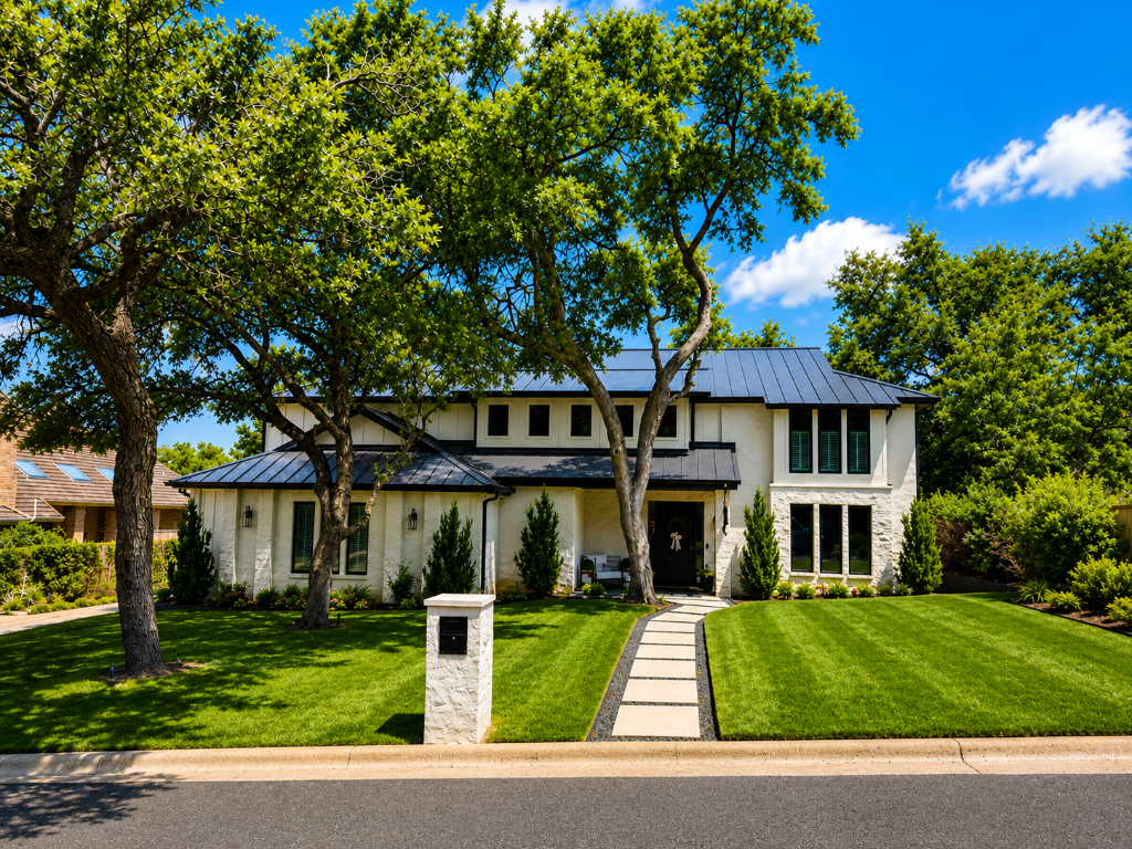 Renovated home with a modern black metal roof, dark-framed windows, and clean stucco facade