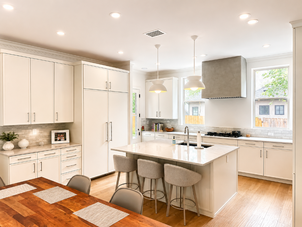 Cream shaker cabinetry with marble island, custom concrete range hood, and subway tile backsplash