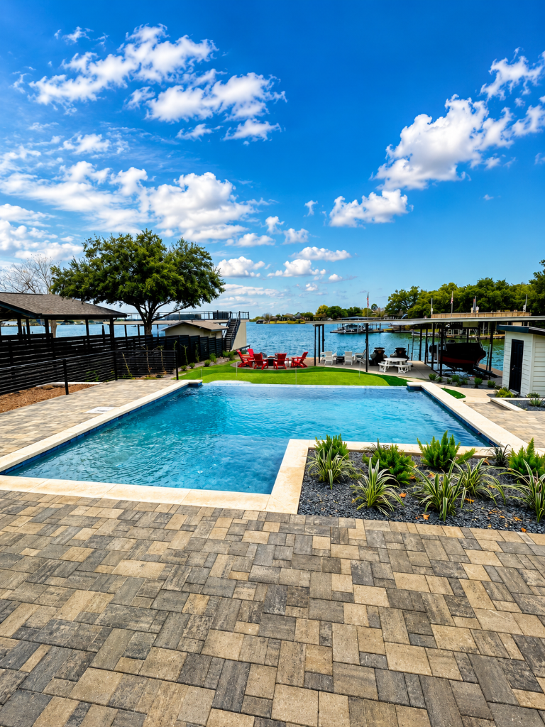 Poolside patio overlooking the lake with red Adirondack chairs and a dockside fire pit