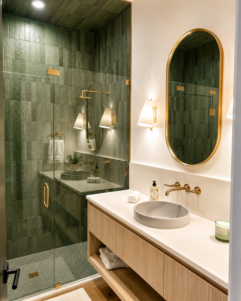 Floating wood vanity with vessel sink, gold-framed oval mirror, and a glass-enclosed shower wrapped in vertical sage green tile with hexagon mosaic floor