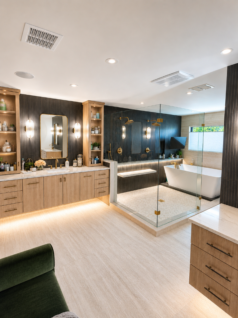 L-shaped oak vanity with marble tops, fluted charcoal tile, brass accents, and a glass-enclosed wet room with freestanding tub and illuminated floating bench