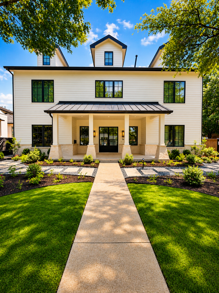 Completed custom home front exterior with stone porch, metal awning, and manicured landscaping