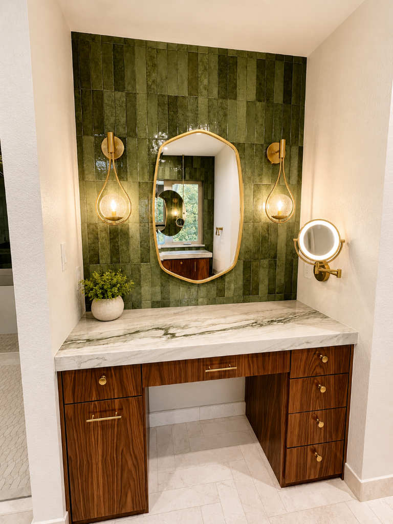 Forest green tile alcove with walnut vanity, marble countertop, brass sconces, and adjustable lighted makeup mirror