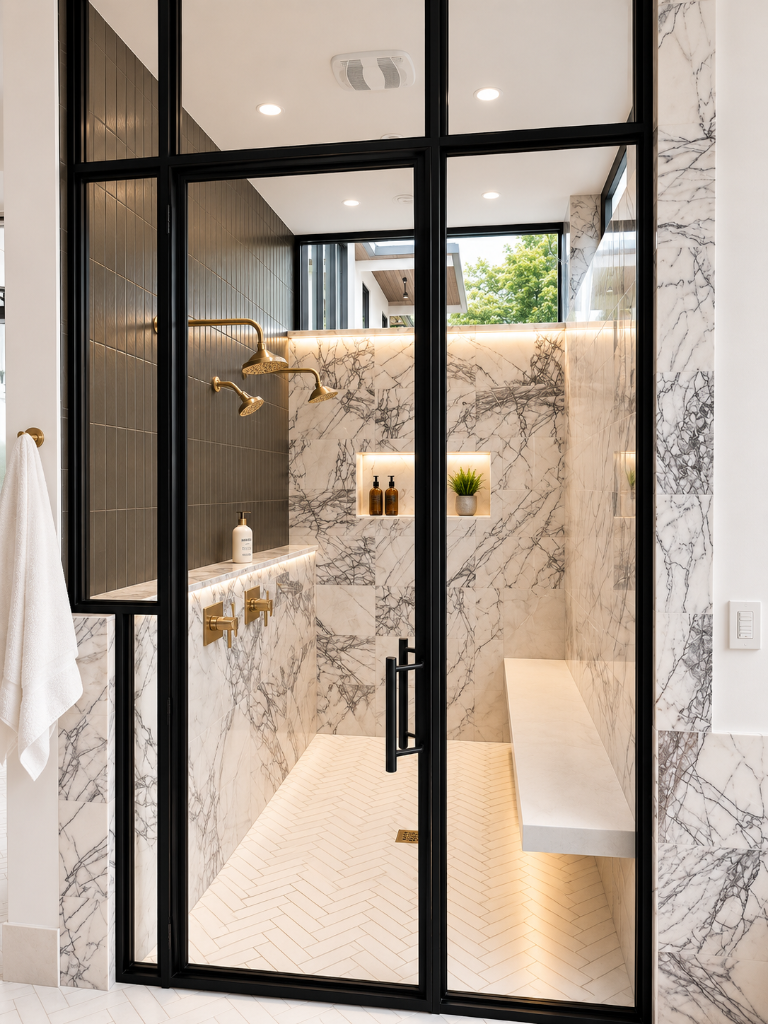 Black-framed glass shower enclosure with charcoal vertical tile, marble walls, floating marble bench, brass fixtures, and warm LED accent lighting on a herringbone floor
