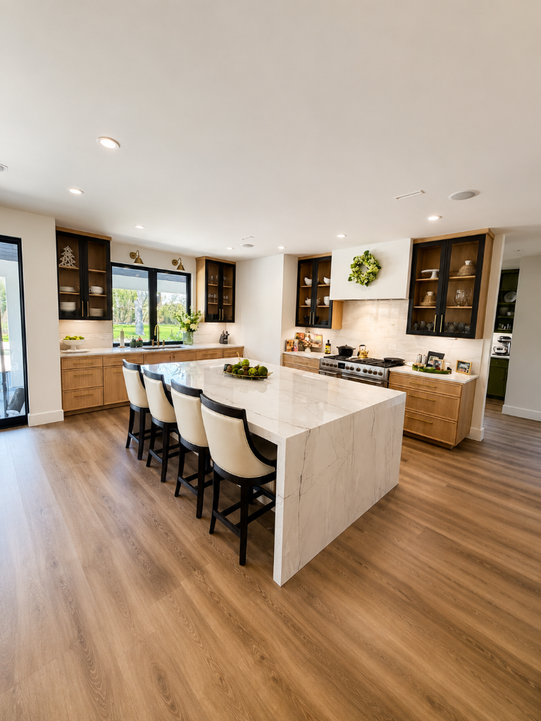 Waterfall island with marble countertops, light oak cabinetry, and black-framed glass uppers