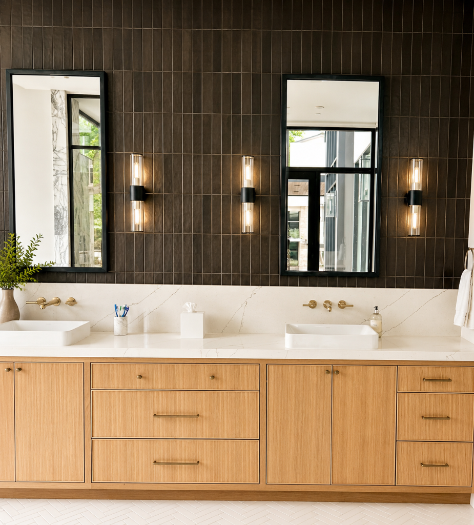 Light oak double vanity with marble countertop, vessel sinks, wall-mounted brass faucets, black-framed mirrors, and dark charcoal vertical tile backsplash with herringbone floor