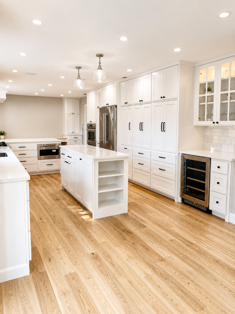 White shaker cabinetry with matte black hardware, glass globe pendants, integrated wine cooler, and light oak flooring