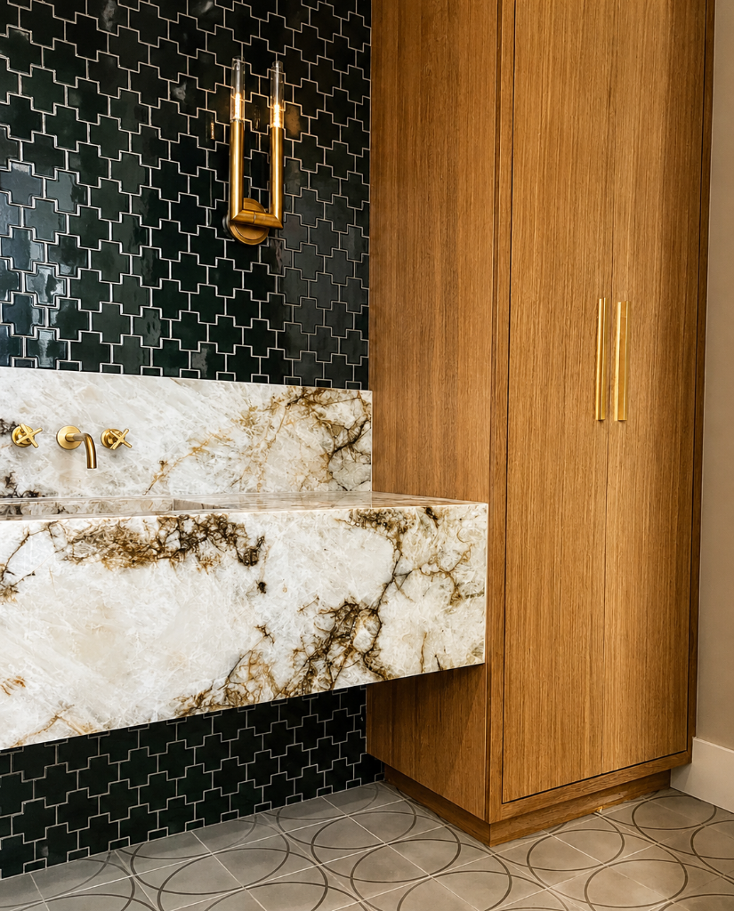 Dark cross-patterned tile wall with a floating onyx slab countertop, brass cross-handle faucet, brass tube sconce, and a floor-to-ceiling oak storage cabinet