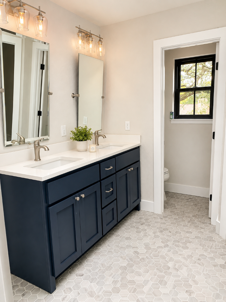 Navy blue double vanity with white quartz countertops, brushed nickel fixtures, and hexagon tile floors
