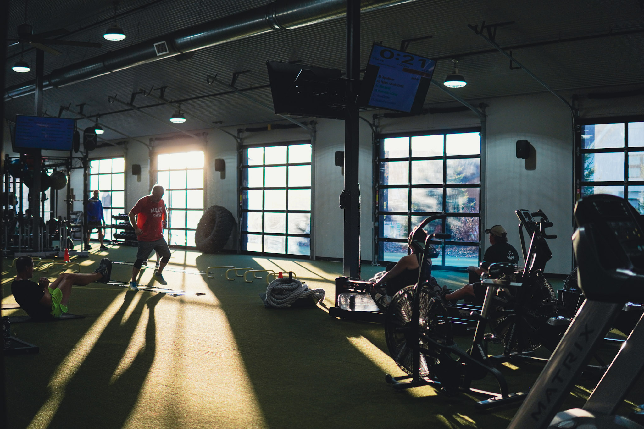 MELT circuit training class with rowing machines, agility hurdles and tire flips at Maximum Performance & Fitness in West Fargo, ND