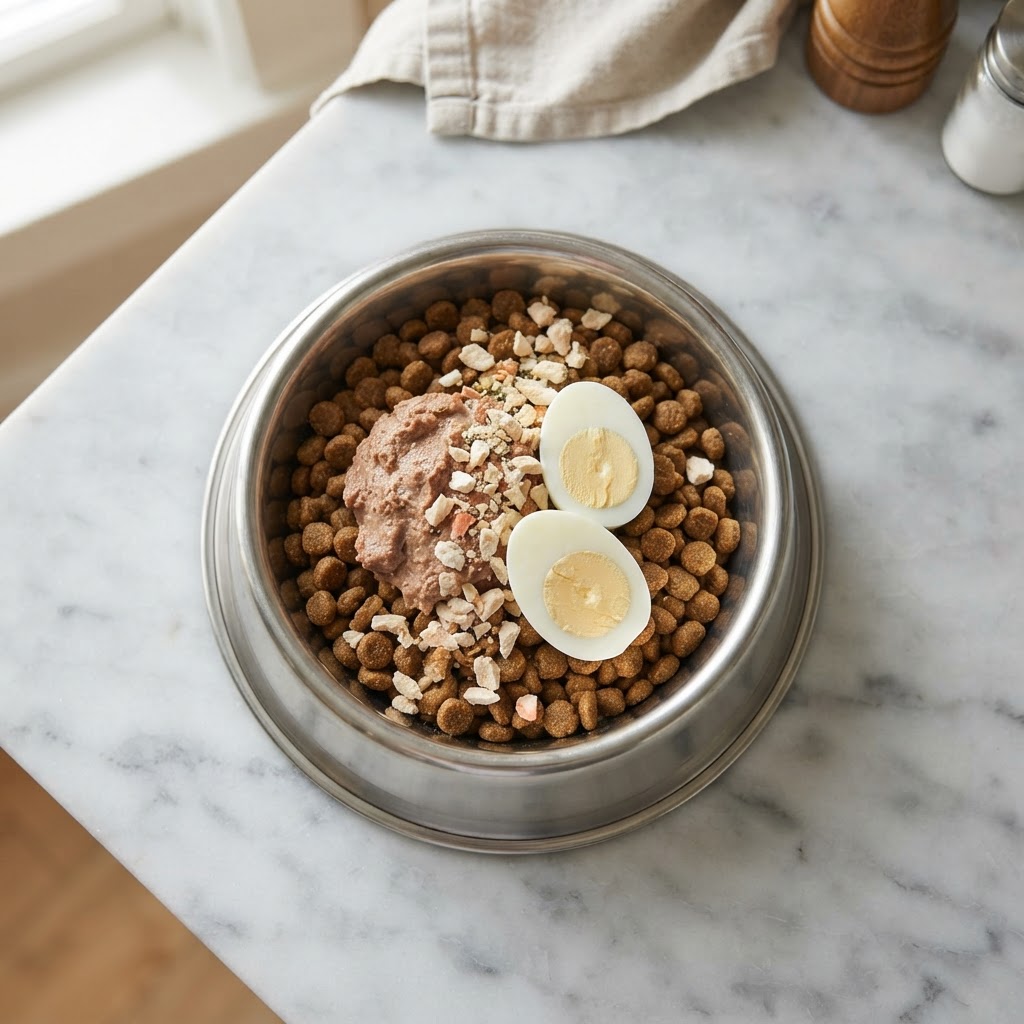 A built pet bowl with kibble, wet food, a peeled egg and freeze-dried sprinkle