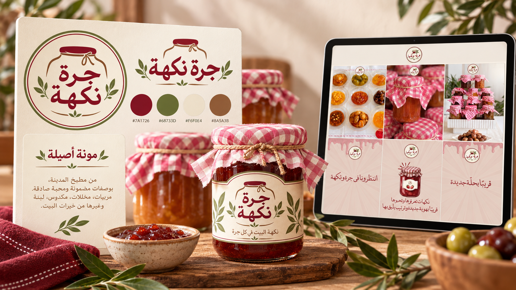 لوحة الهوية البصرية الجديدة لمشروع جرة ونكهة مع صور المنتجات
