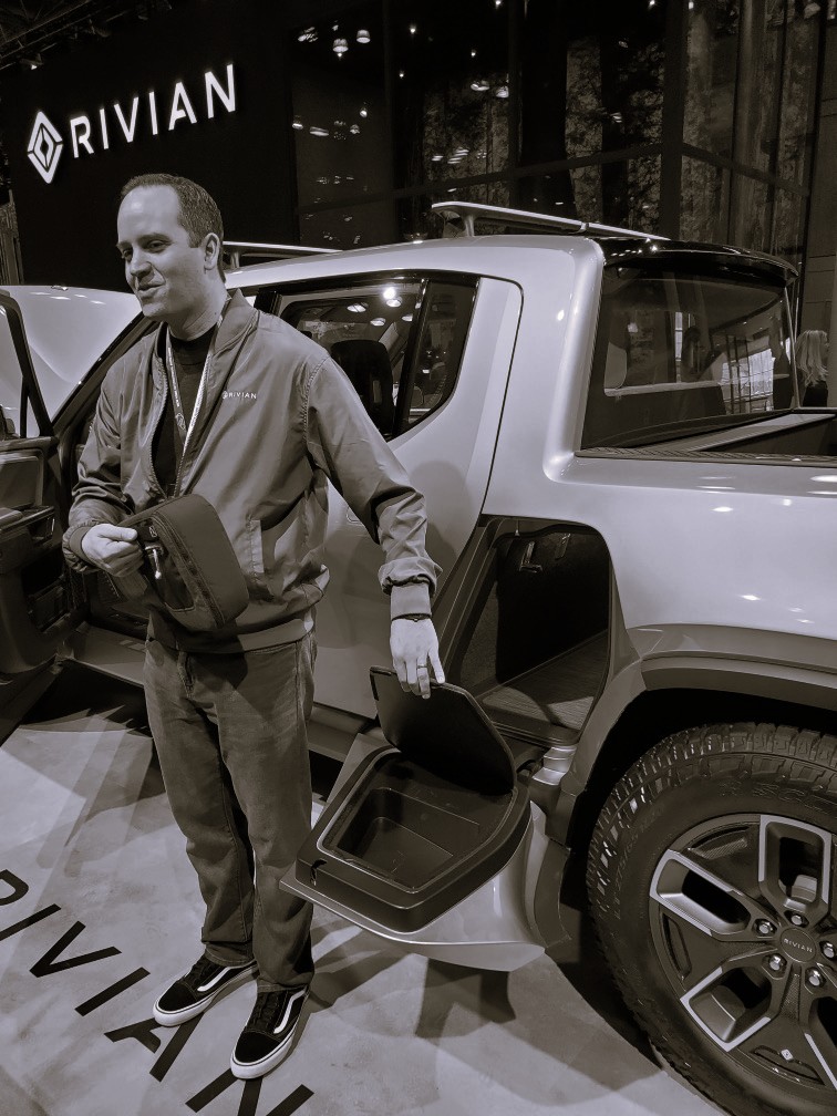 Demonstrating the Rivian R1T at the New York Auto Show (2019)