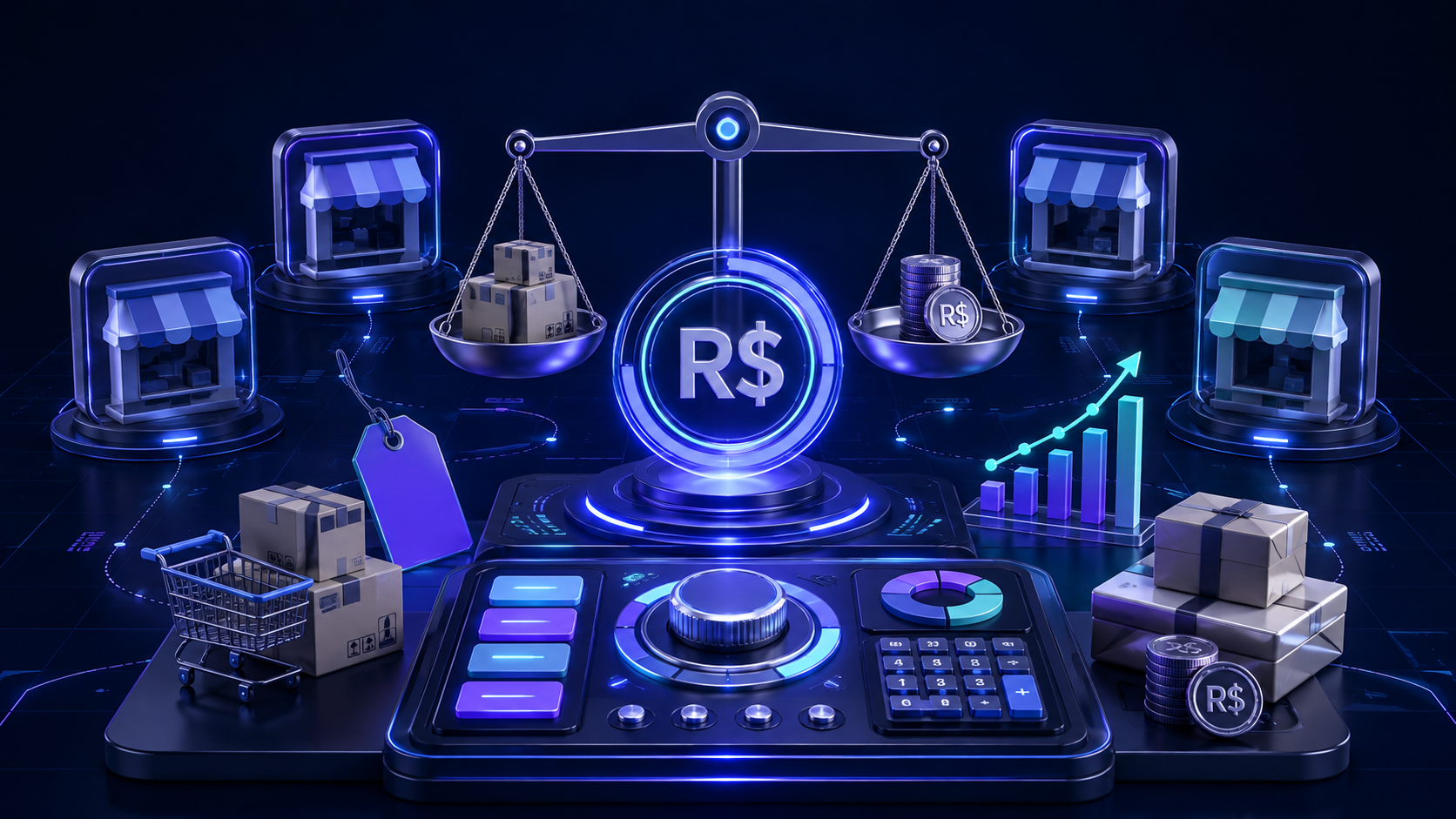 Painel 3D de precificação comparando custos, preço e lucro em diferentes marketplaces