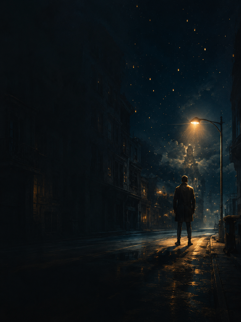 Pessoa sozinha em uma rua noturna