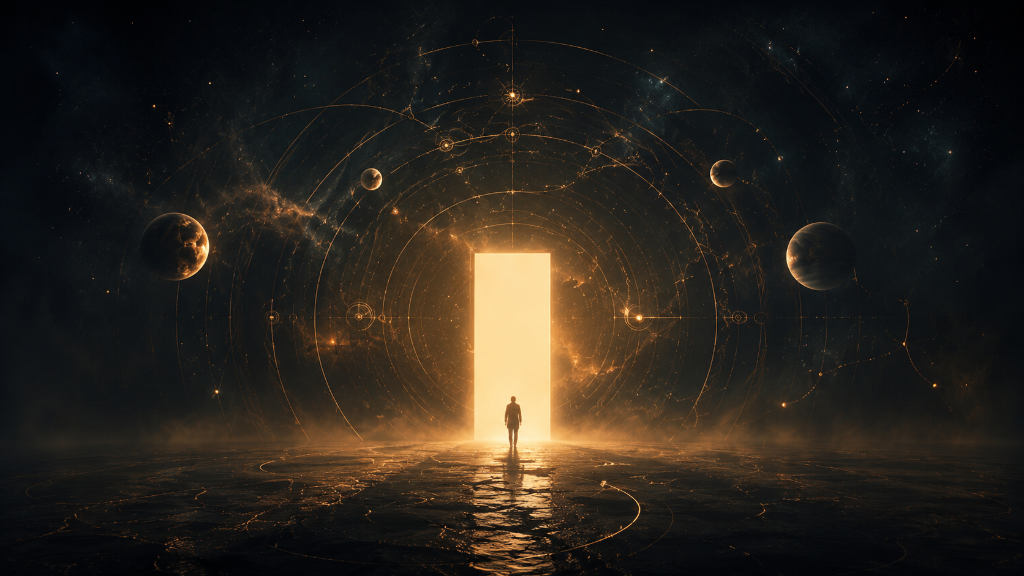 Figura humana diante de um portal luminoso