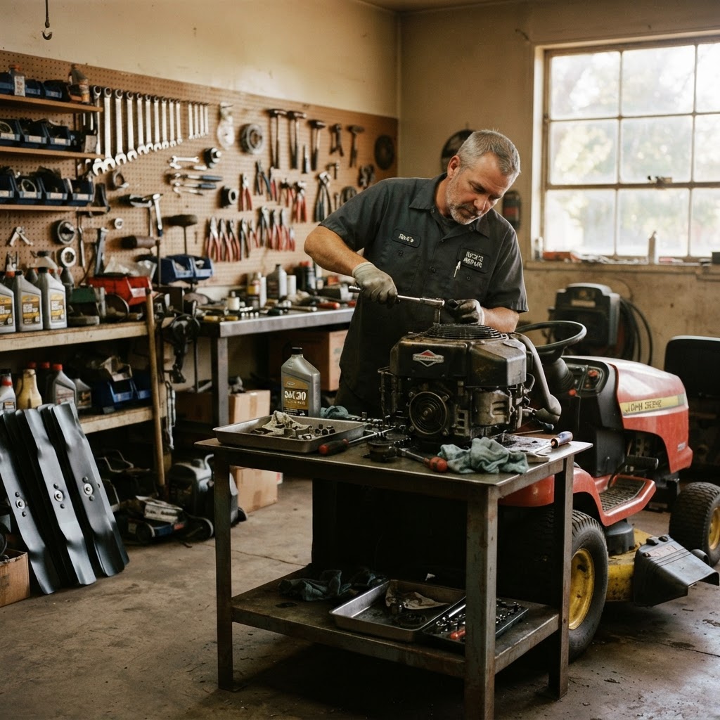 A mechanic repairing a riding mower engine on a workbench in a small engine shop