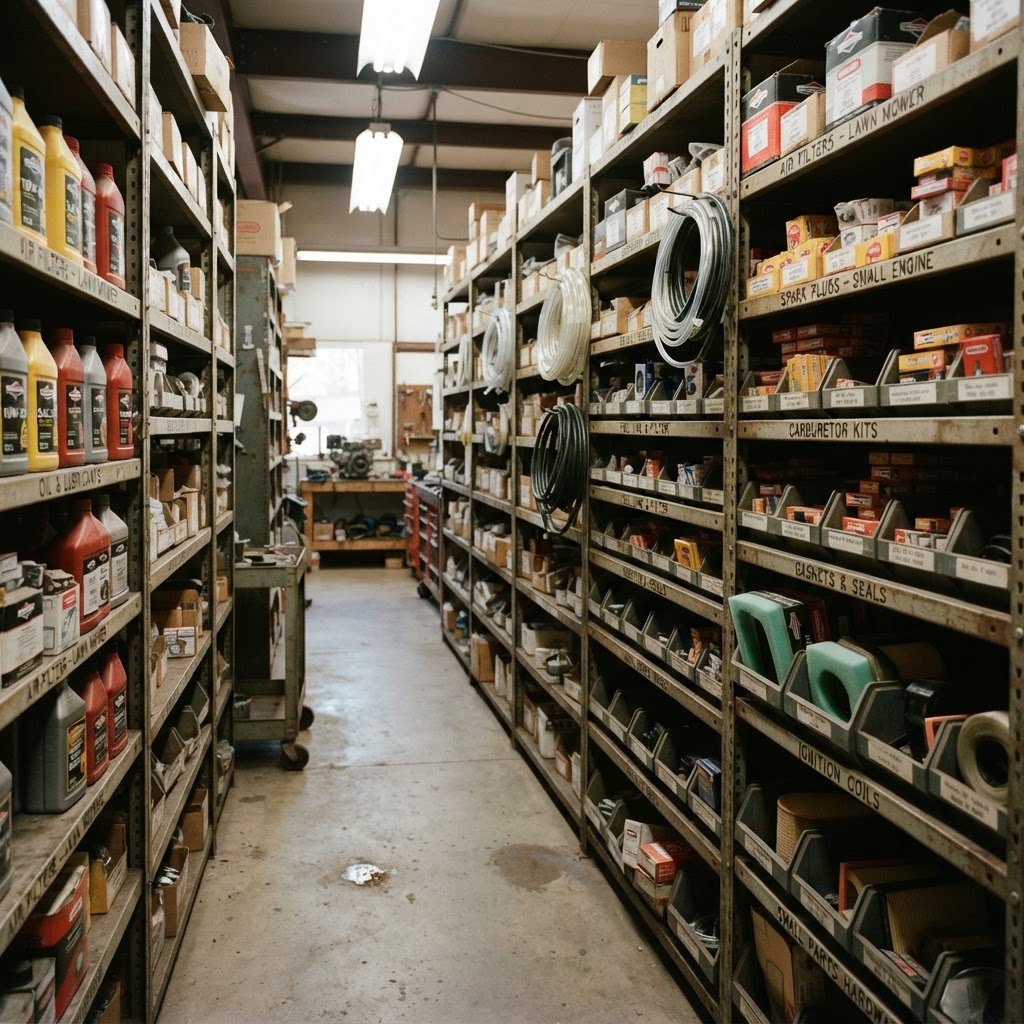 Shelves of small engine parts and oil organized in a repair shop aisle