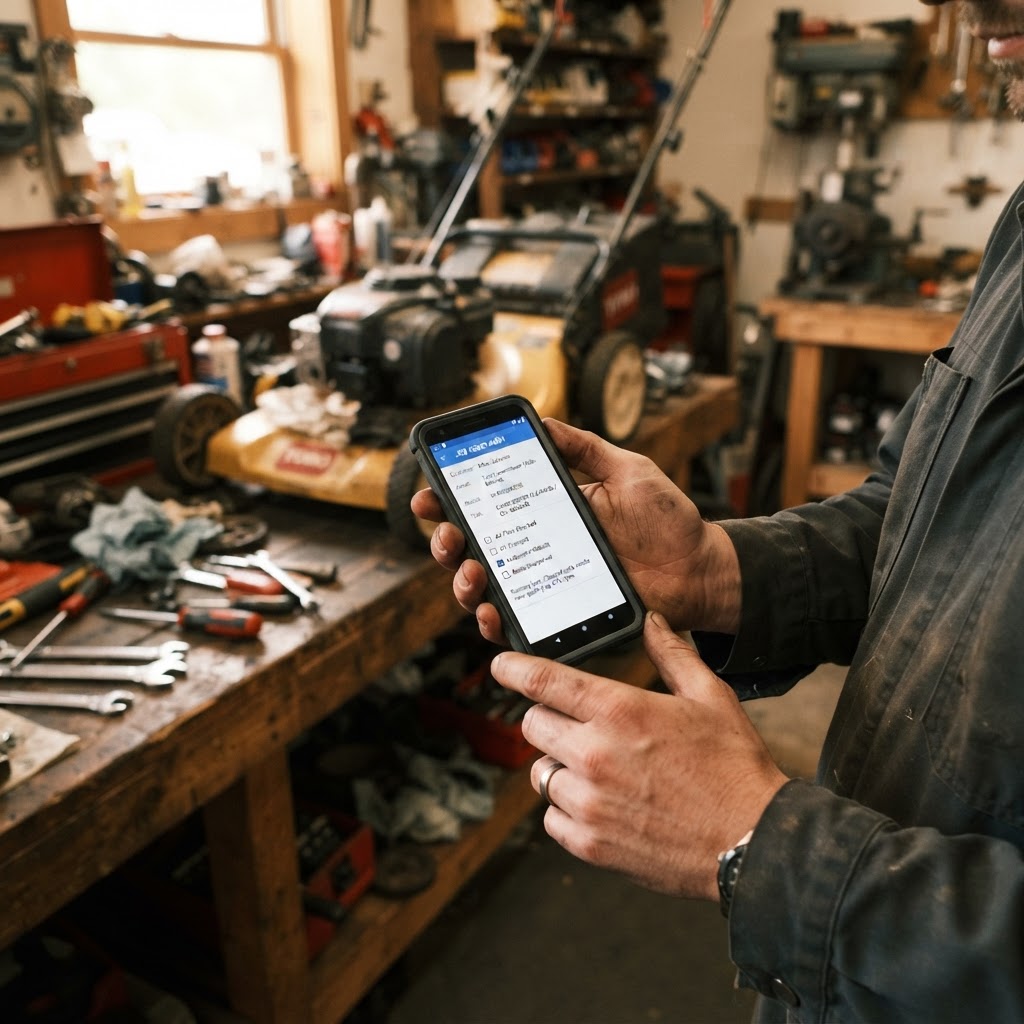 A mechanic holding a phone showing a repair job ticket in a shop
