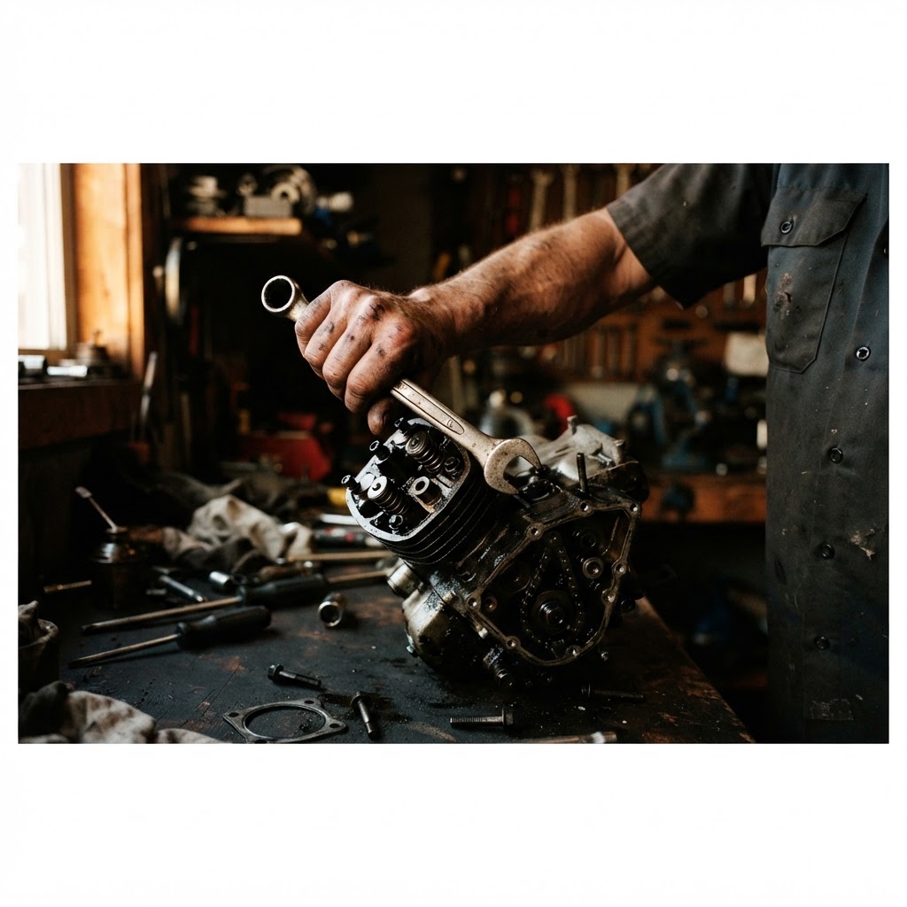 Close-up of a mechanic's hands with a wrench on a small engine