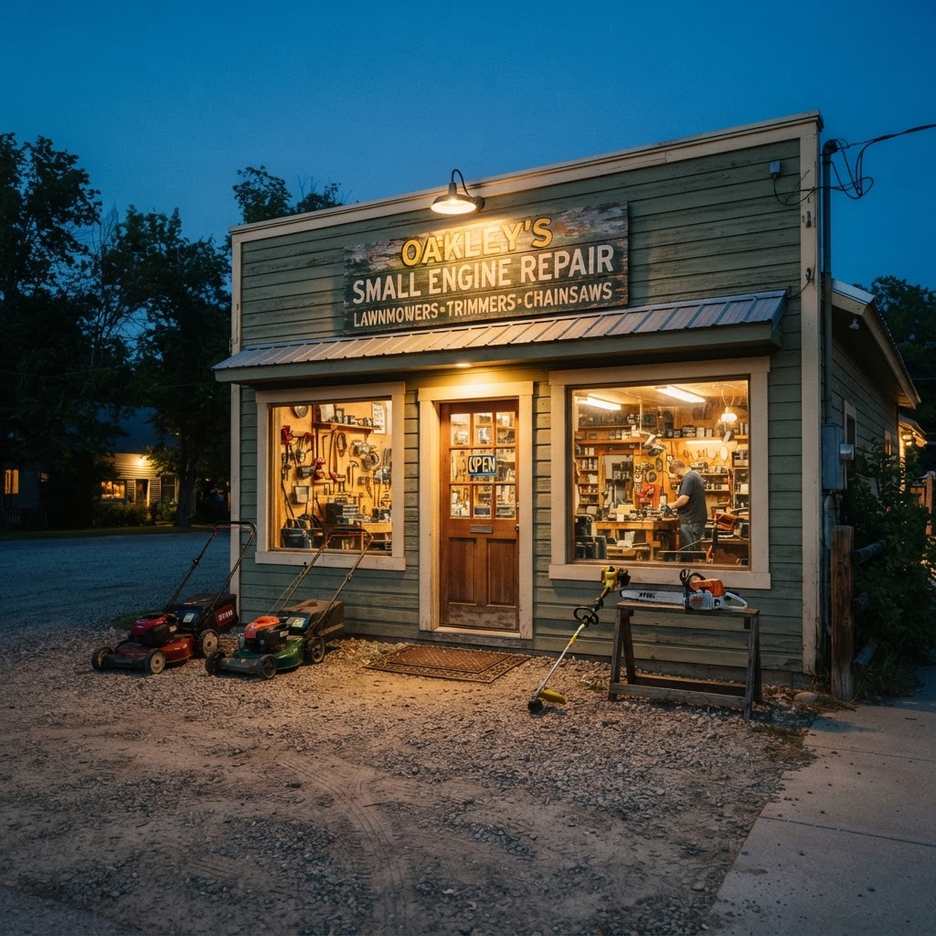 A small engine repair shop storefront lit up at dusk with mowers by the door