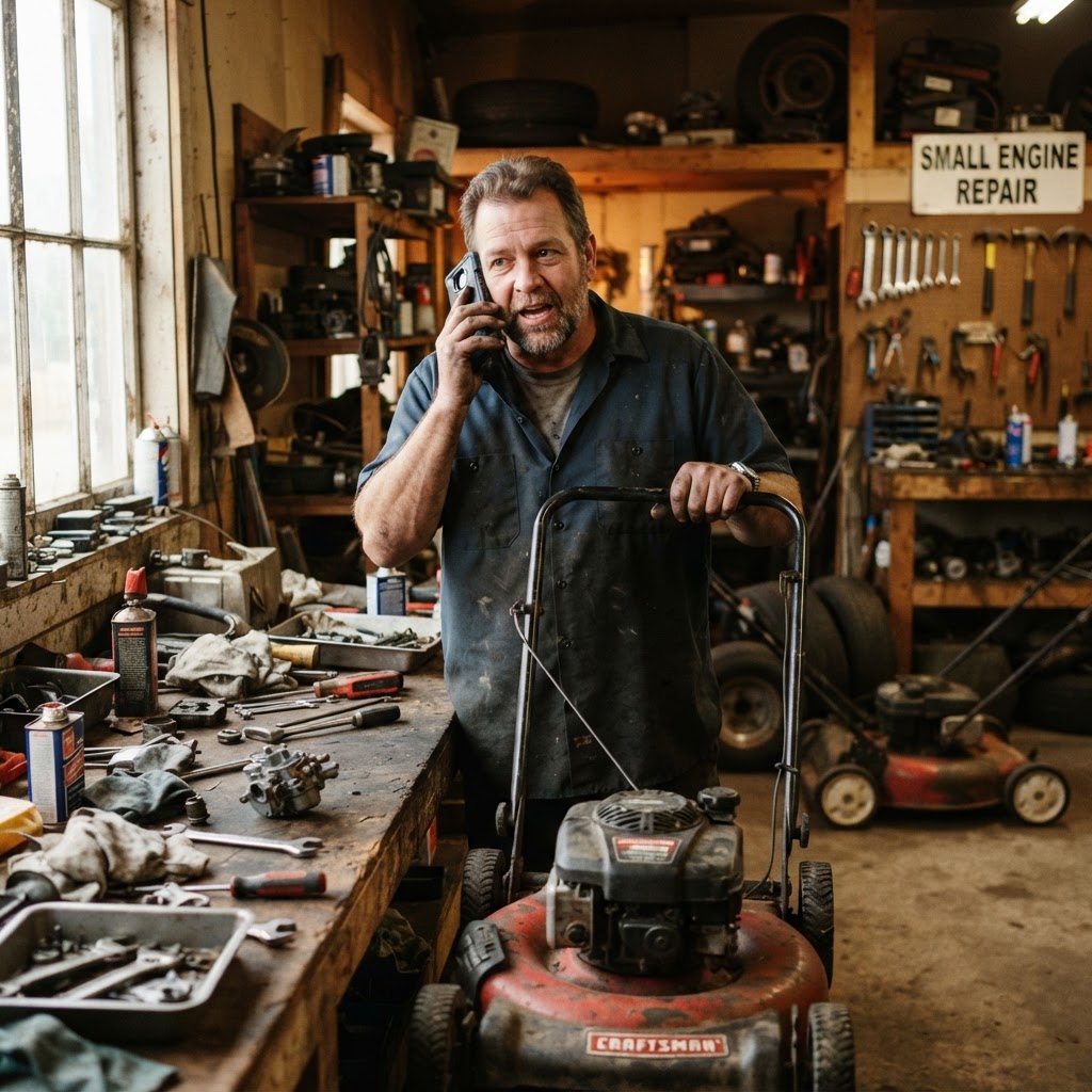 A mechanic speaking into a phone while resting a hand on a push mower