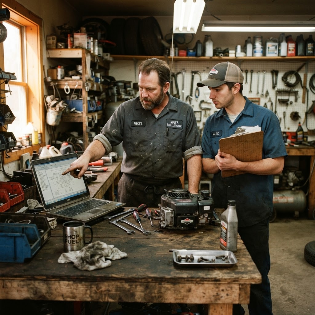 Two mechanics reviewing work together at a bench in a small engine shop