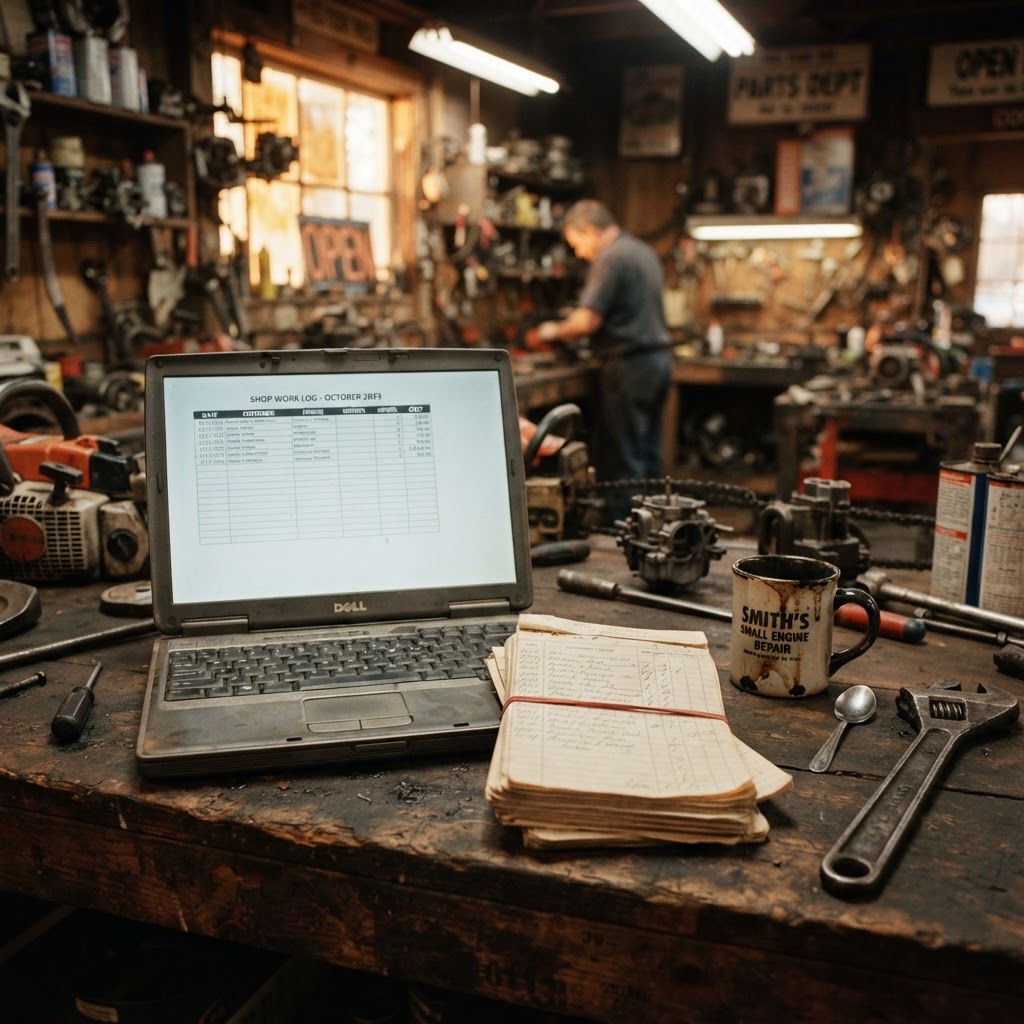 A laptop on a workbench beside a stack of old paper customer ledgers