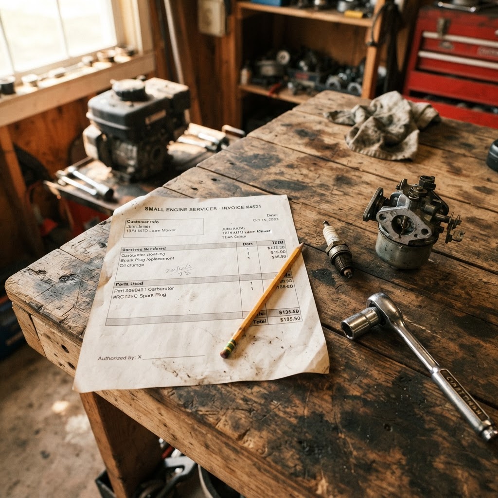 A printed repair estimate on a workbench beside a wrench and a spark plug