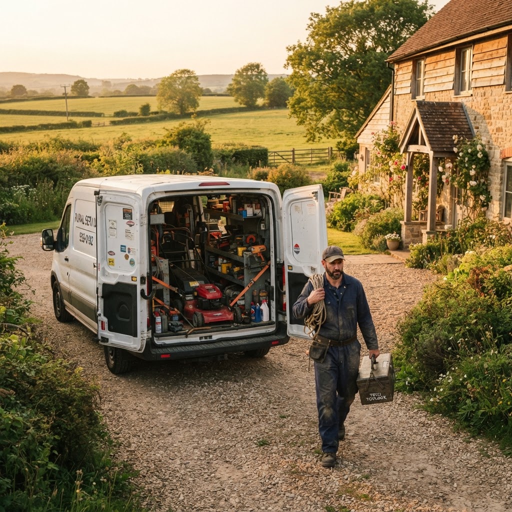 A service van parked at a rural home while a mechanic carries a toolbox to the door