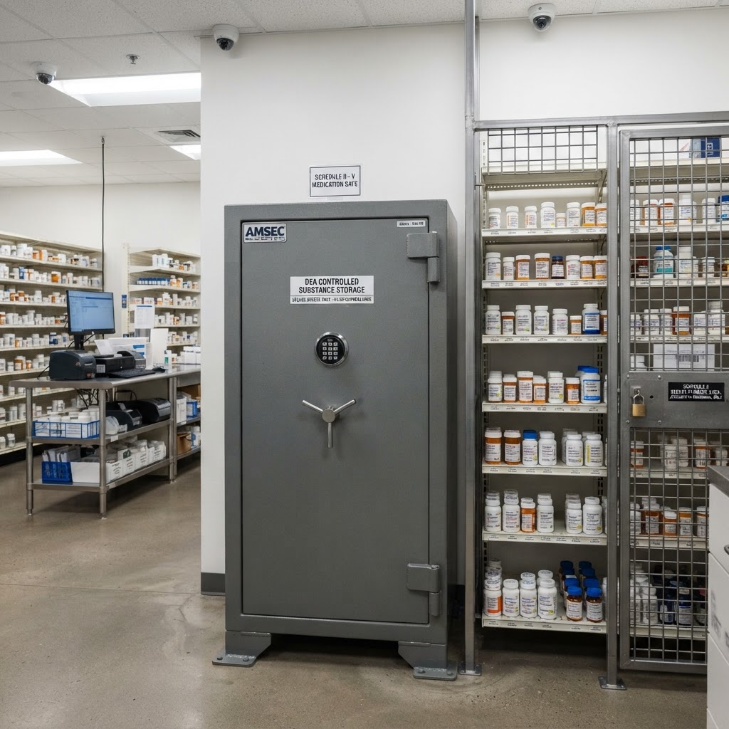 High-security safe in a pharmacy's controlled substance storage area