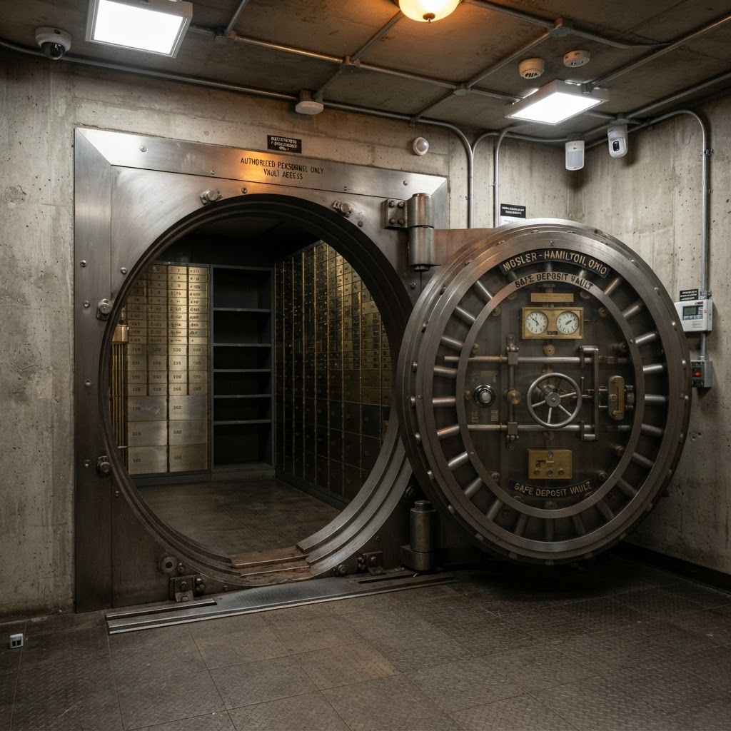 Bank vault door in a financial institution back room