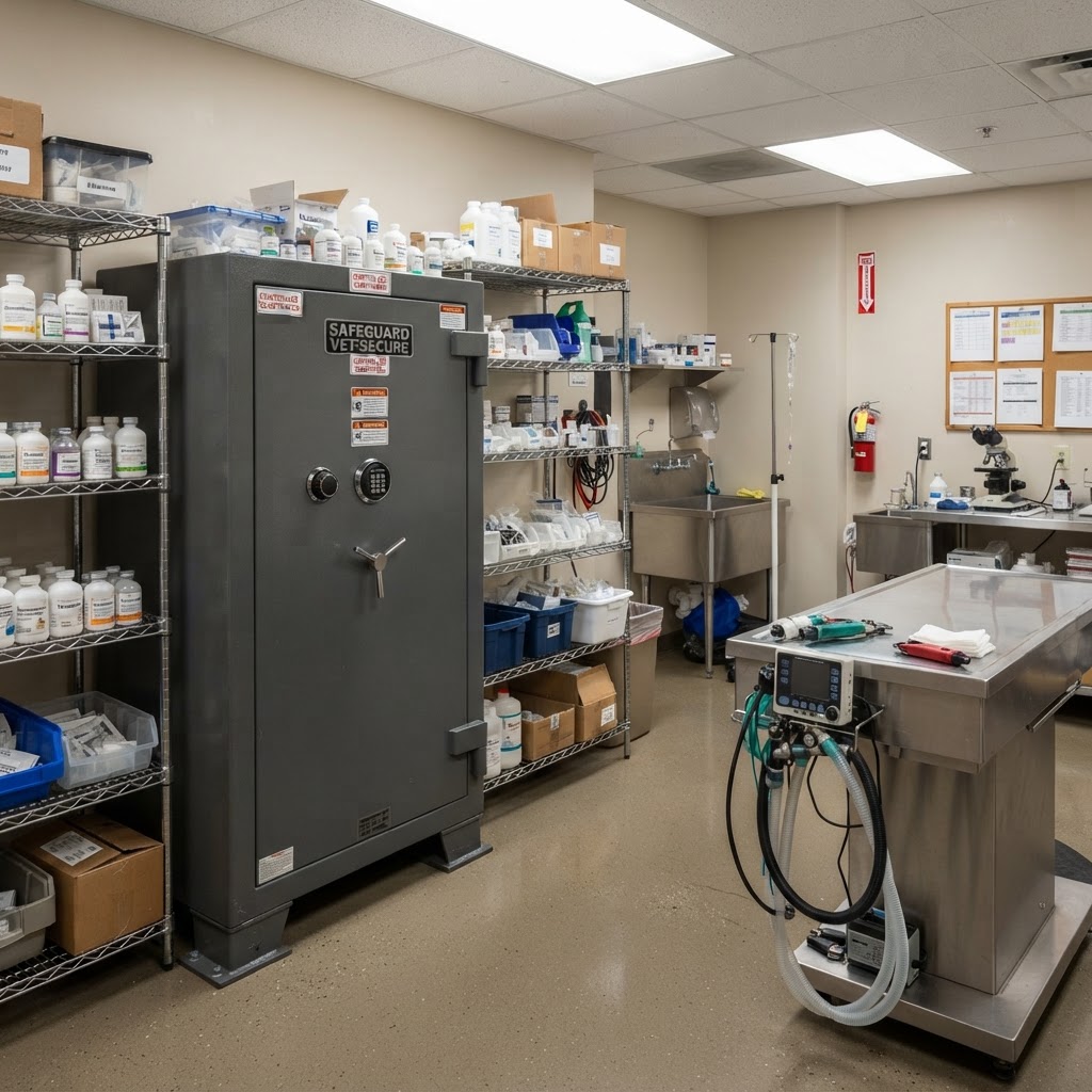 Industrial safe in a veterinary clinic back office storage area