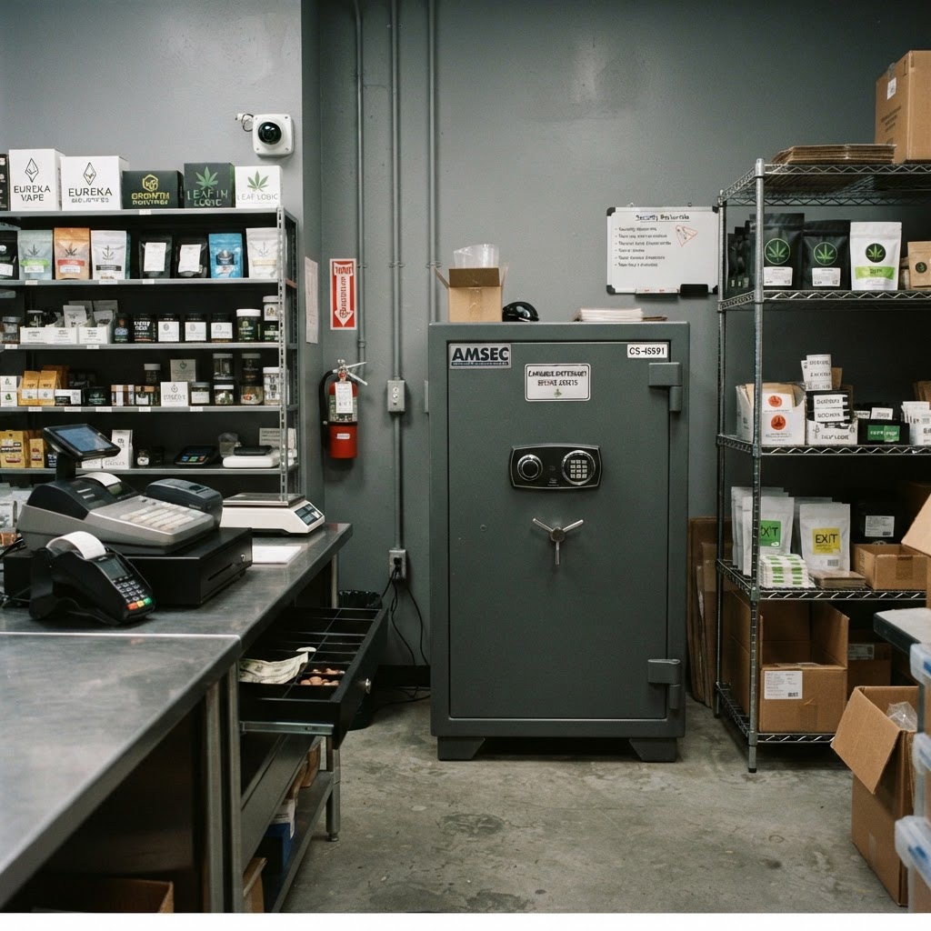 High-security safe in a cannabis dispensary back room