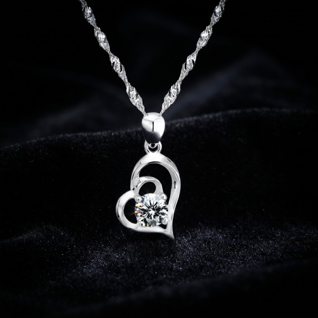 Silver Open Heart Solitaire Pendant Necklace