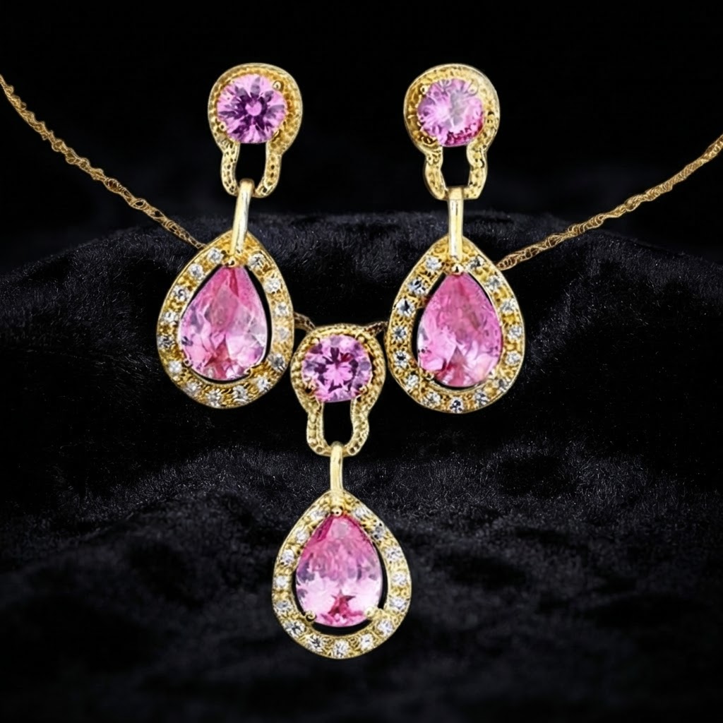 Pink Pear Halo Necklace & Earring Set
