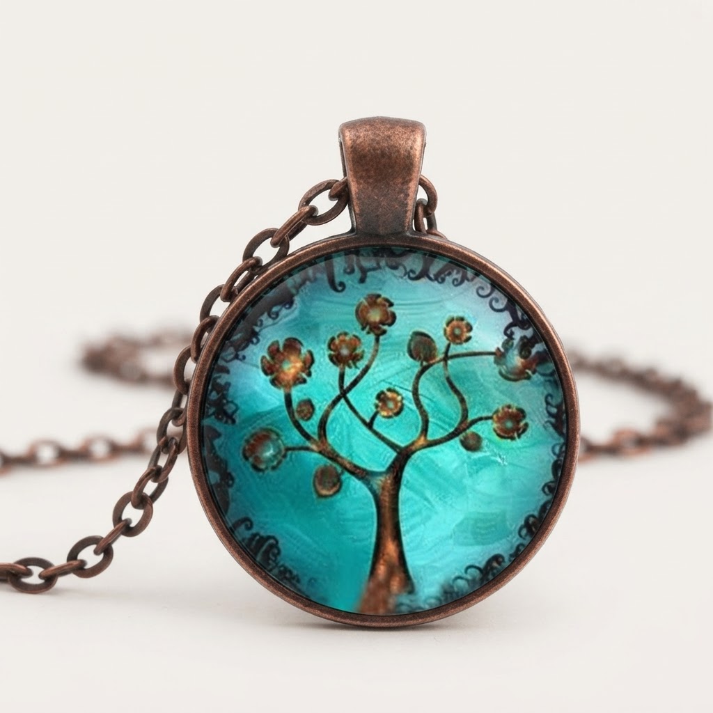 Turquoise Tree of Life Glass Pendant Necklace