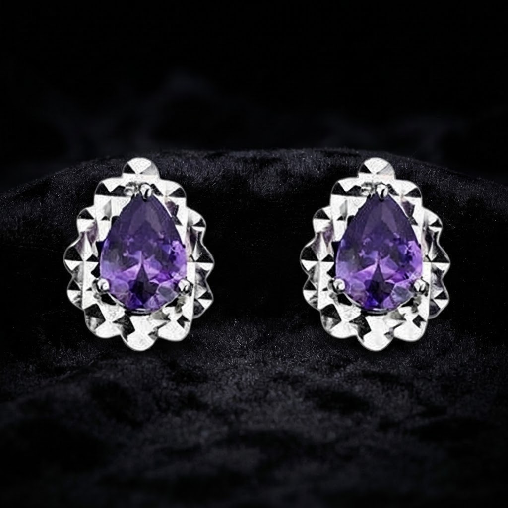 Amethyst Pear Halo Stud Earrings