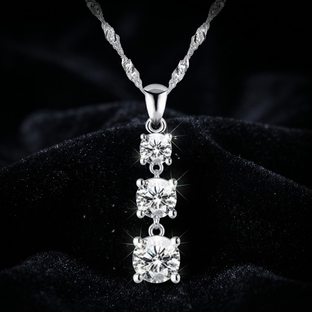 Silver Three-Stone Drop Pendant Necklace