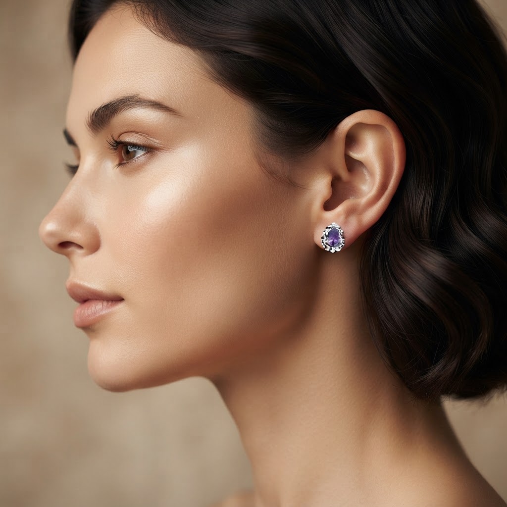Amethyst Pear Halo Stud Earrings