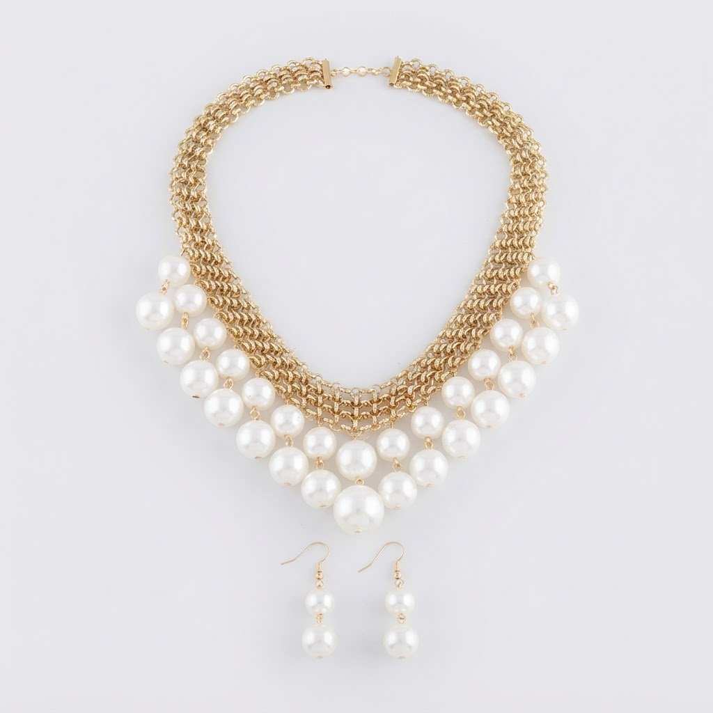 Gold Chain & Pearl Cascade Bib Necklace Set