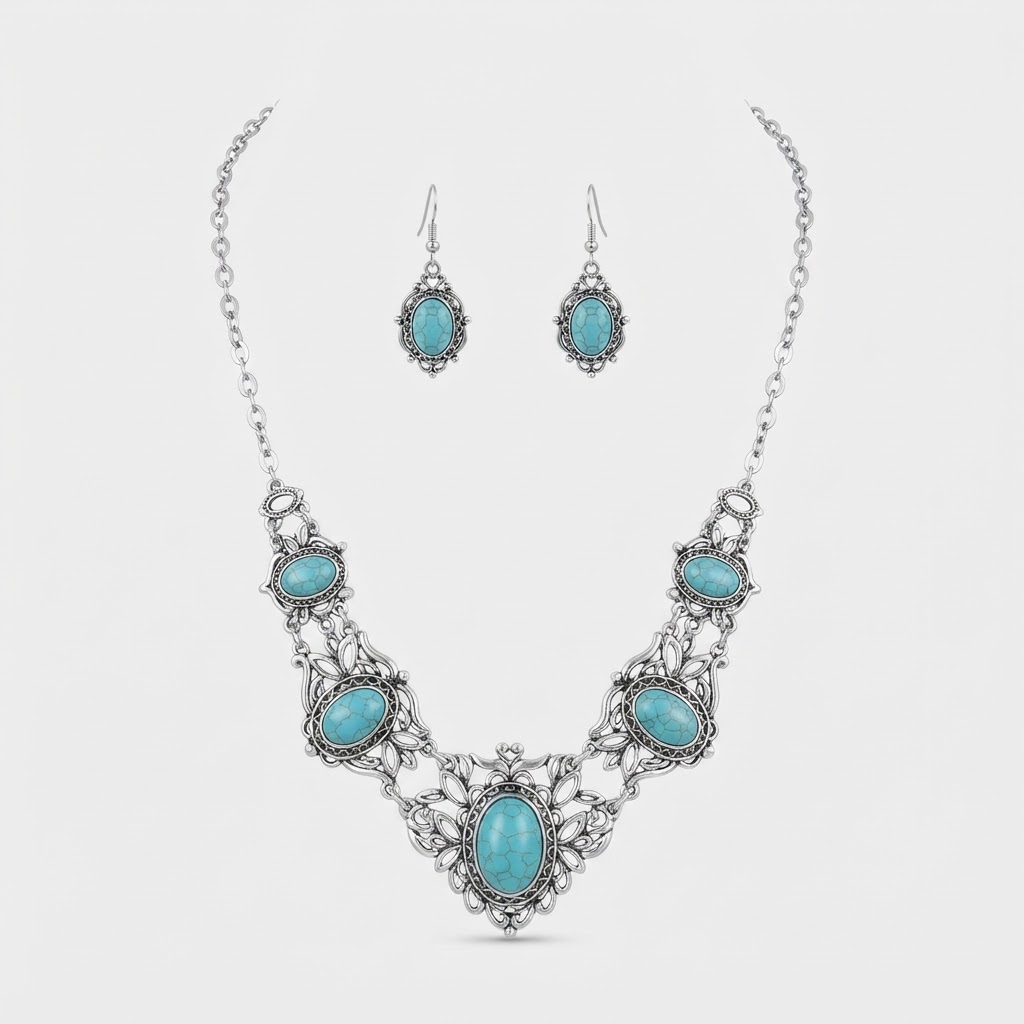 Silver Filigree Turquoise Bib Necklace & Earring Set