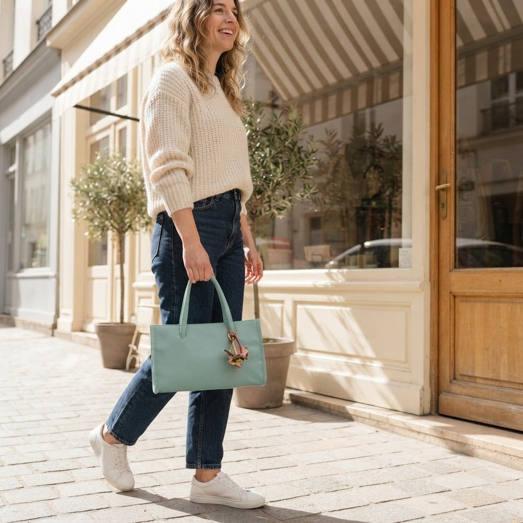 Mint Utility Tote with Flower Charm