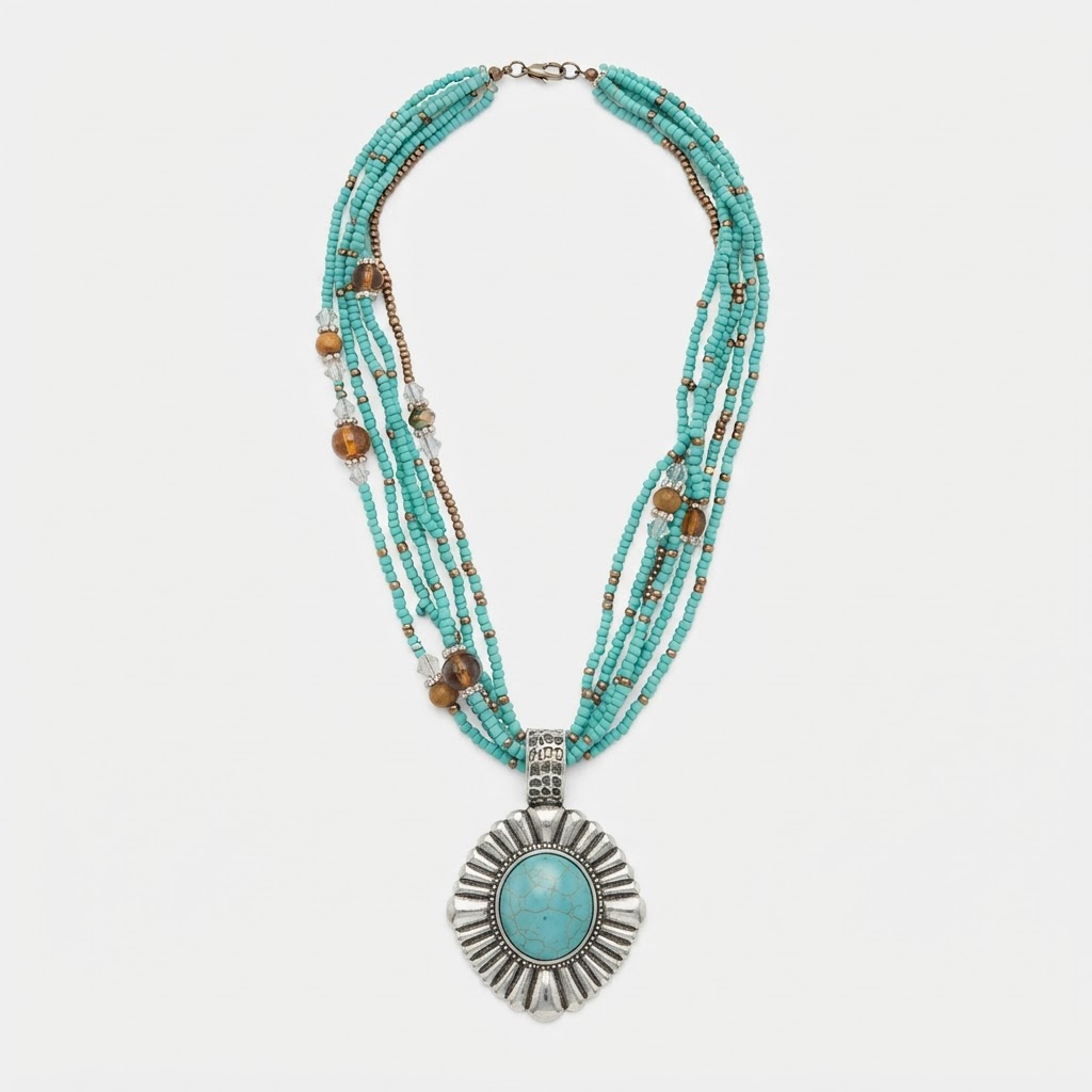 Turquoise Seed Bead Multi-Strand Medallion Necklace