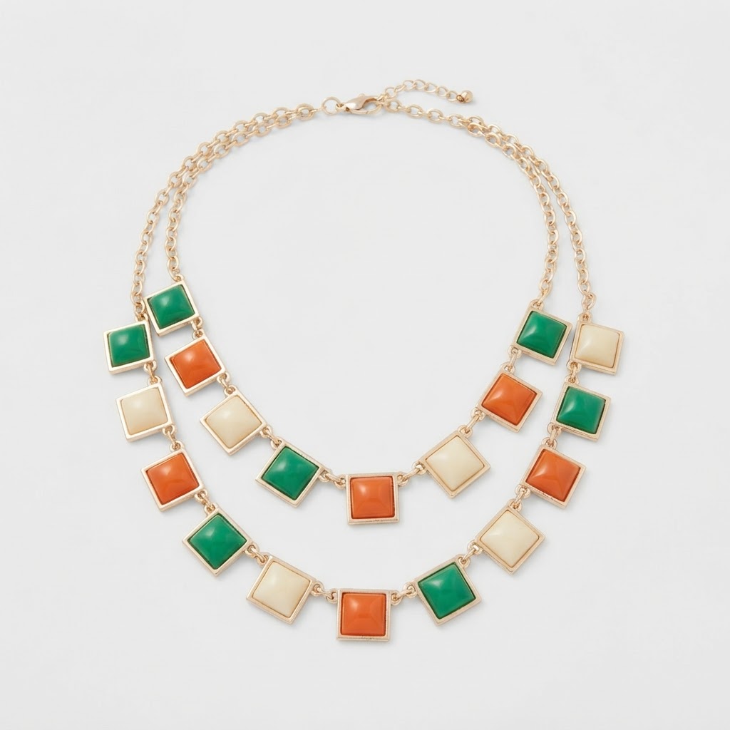 Tri-Color Square Cabochon Double Chain Necklace