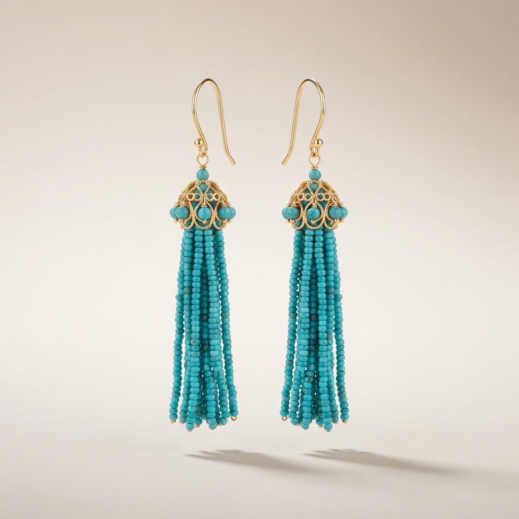 Beaded Turquoise Tassel Earrings