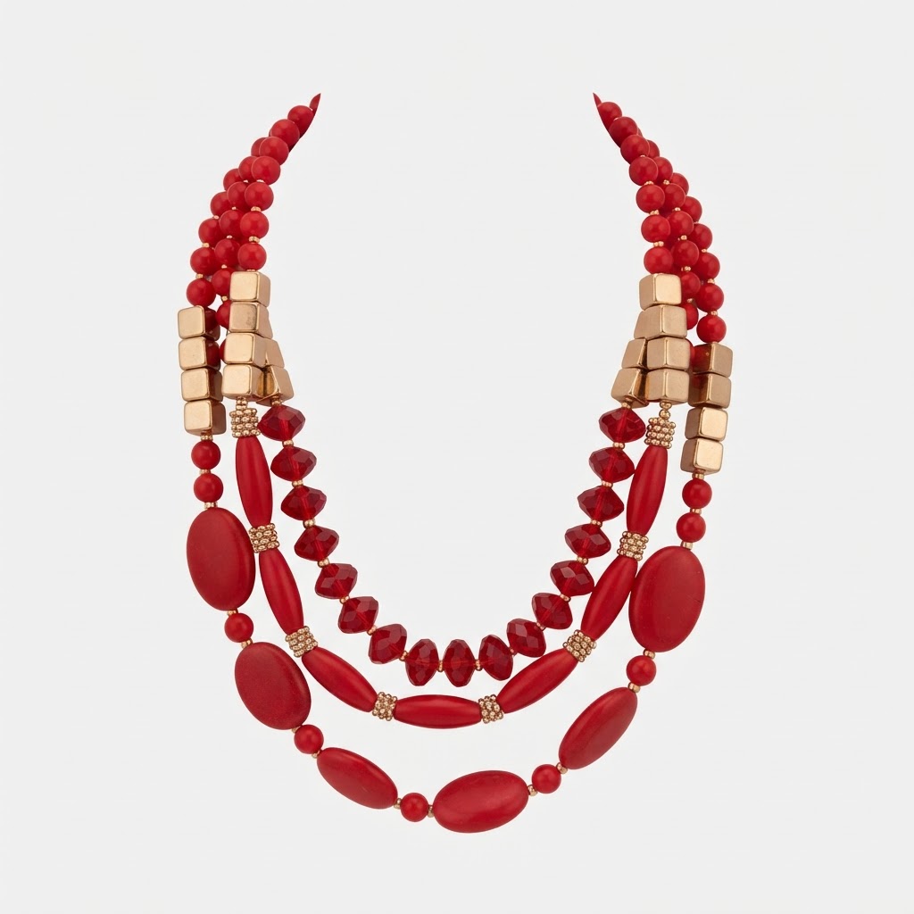 Red Coral-Tone Triple Strand Beaded Necklace