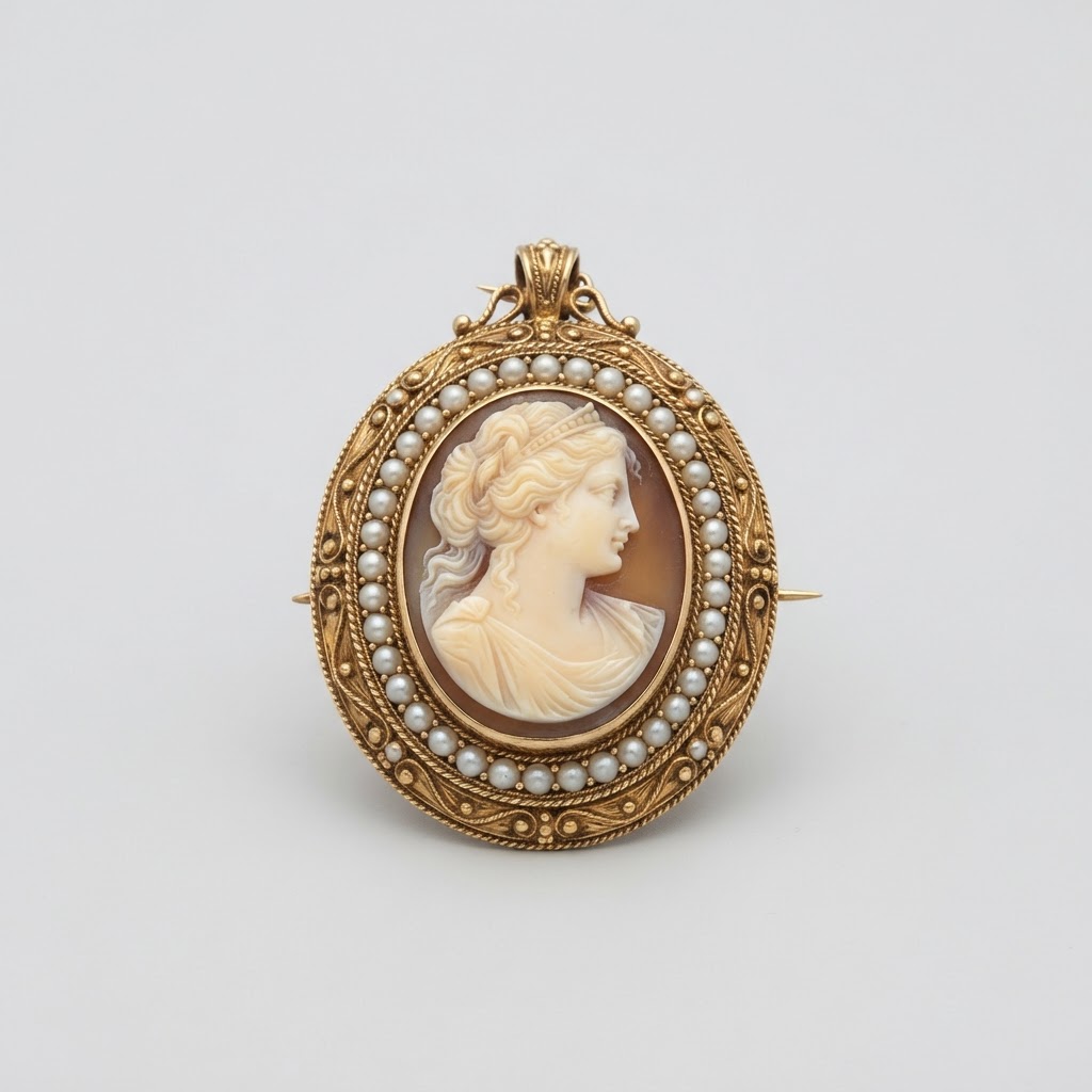 Victorian Gold Cameo Brooch with Seed Pearls