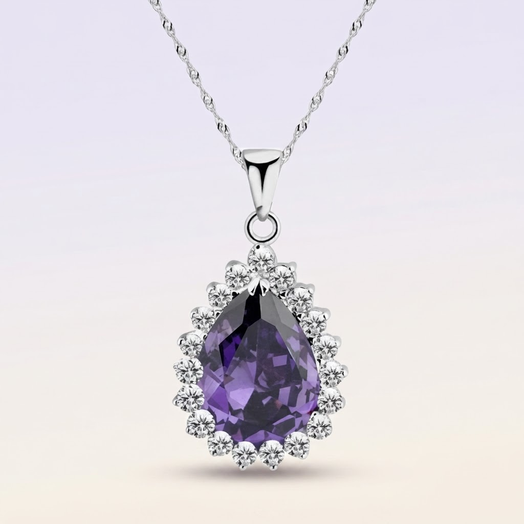 Amethyst Halo Teardrop Pendant Necklace