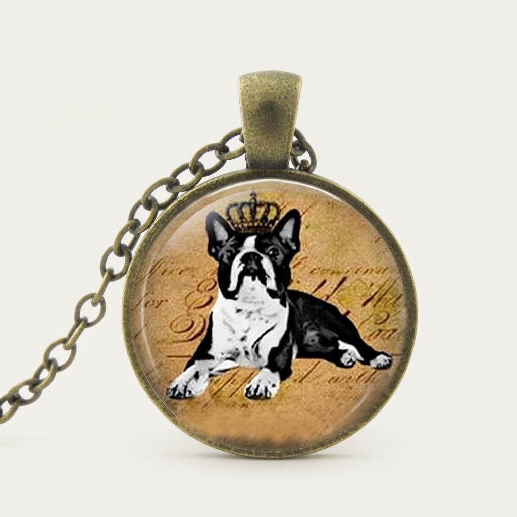 Crowned Boston Terrier Glass Pendant Necklace